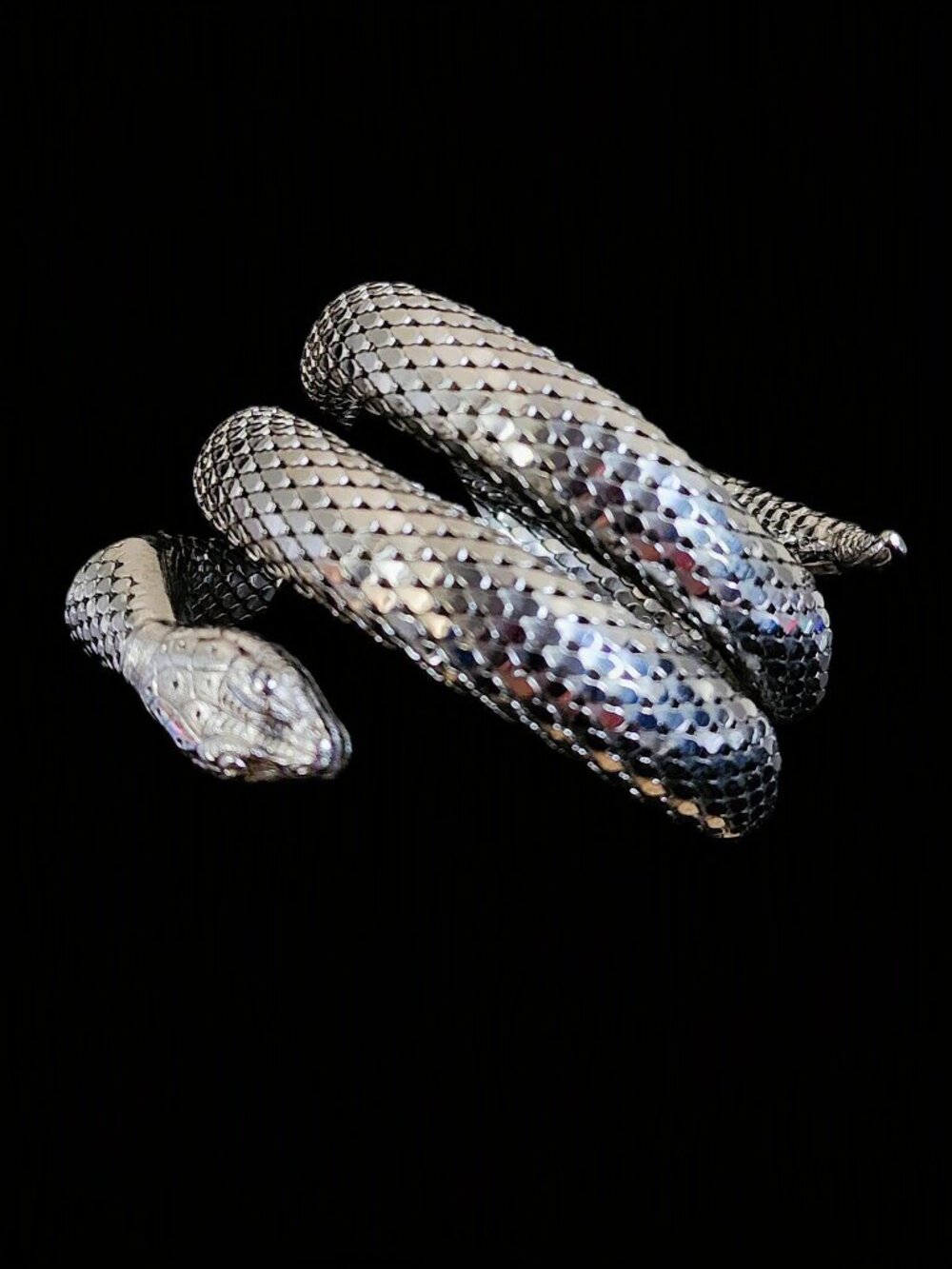 VTG Whiting Davis Silver Mesh Snake Bracelet 3 Coil Serpent 80s Egyptian Revival